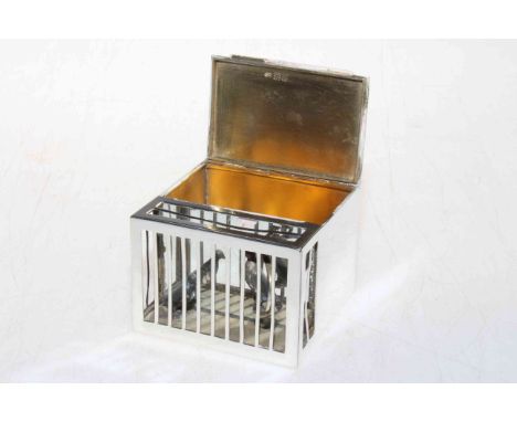 Edwardian silver 'Bird Cage' cigarette box formed with caged compartment of two birds in front of lidded box, maker WH, Londo