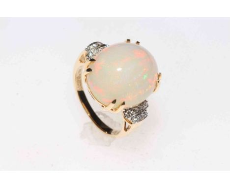 Large Ethiopian opal and diamond 18k gold Lorique ring, opal 17mm by 14.75mm, size N/O, with certificate.