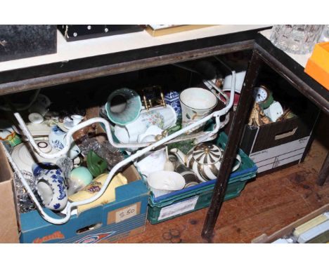 Four boxes of china, glass, silver plate and metalwares etc 
