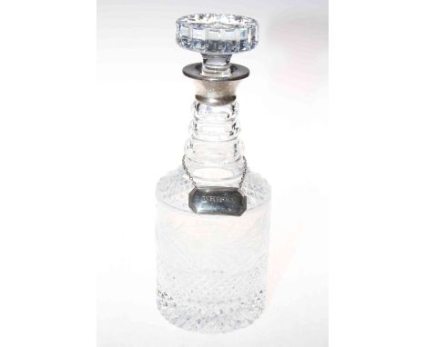 Silver mounted crystal decanter and stopper, with silver whisky label.