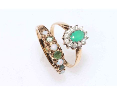 9 carat gold, emerald and opal ring, and 9 carat gold, emerald and diamond ring (2).