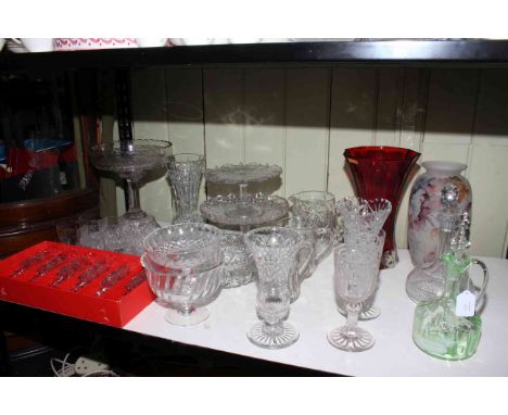 Mary Gregory style green glass decanter, antique goblet glasses, opaque vase, Nachtmann red vase, boxed flute glasses, cake s