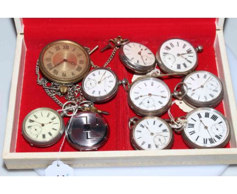 Collection of seven antique silver gents pocket watches, together with Edwards Glasgow clock, two other watches, keys and pla