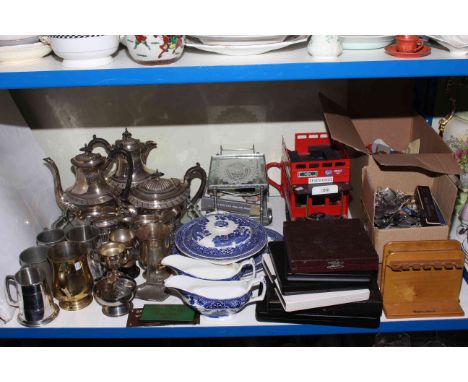 Cased cutlery, silver plated wares including teapots, souvenir spoons, Diecast tram.