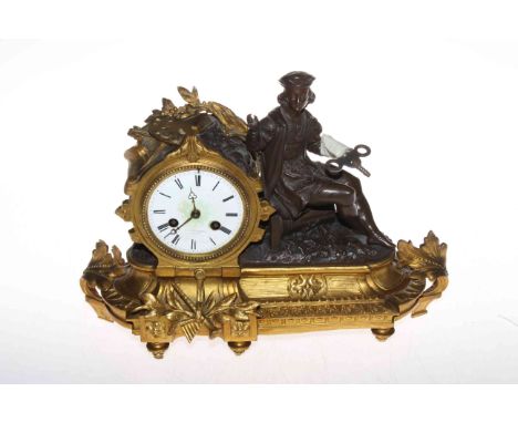 French gilt meal and bronze clock by Halsburg, Paris, having artist figure beside eight day movement, 32cm wide, 23cm high.