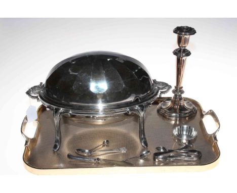 Silver plated muffin dish on stand, single candlestick, cutlery, etc.