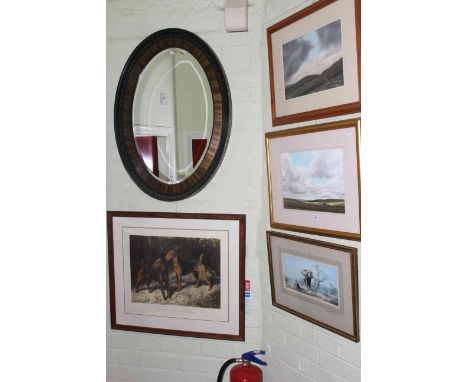 Oval framed wall mirror and six various pictures including landscape watercolour, David Shepherd print, etc.