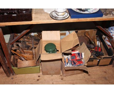 Wood planes, saws, blow lamps, paraffin heater, vintage Phillips stick on soles, etc.