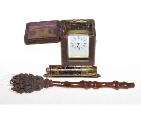 Cased gilt brass carriage clock, together with knobbly wood brush handle and unusual chinoiserie decorated item, maybe a ligh