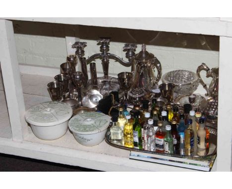 Two Quick Cooker bowls, silver plated wares including teapots and candelabra, miniature spirits, hedge trimmer, lathe.