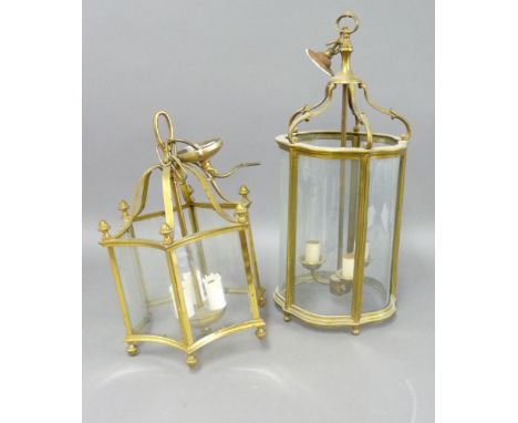 A brass hall light, with six concave glass panels, fitted for three bulbs, 41cm, and a taller example with convex glass, 57cm