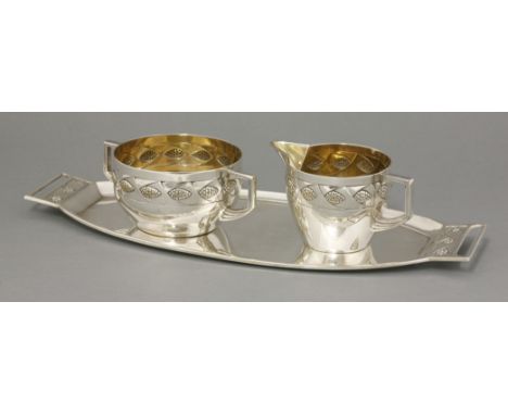 A WMF silver plated strawberry set, with a cream jug and sugar basin, with stylised bands, together with a matching tray, sta