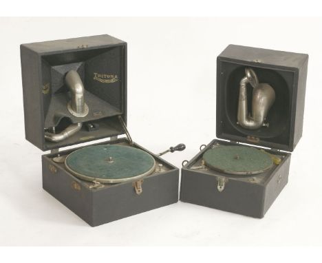 A Tritona gramophone, black case, speaker in hinged lid, and a Decca portable table top gramophone with speaker (2)