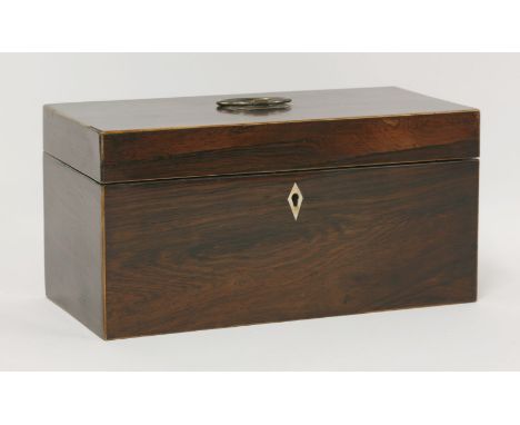 A rosewood tea caddy, circa 1820, with silver plated copper ring handle and fitted interior, 30.5cm