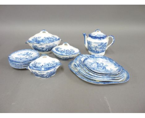 An extensive matched Ridgways child's dinner and teaset, circa 1900, with blue and white scenes from Charles Dickens 'Old Cur