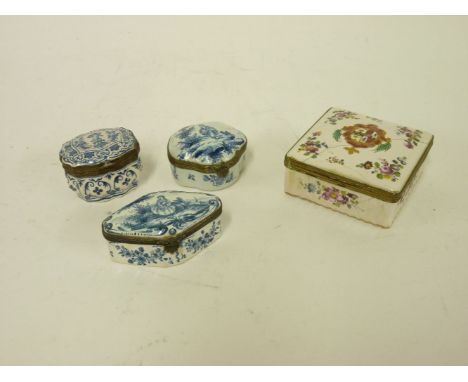 Four French faience shaped trinket boxes, three blue and white, the other square shape with a coat of arms and marked in puce