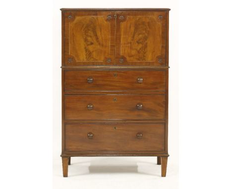 A mahogany fall front cabinet, over three drawers, the interior with writing surface and glass shelf, 70.5cm wide, 38cm deep,