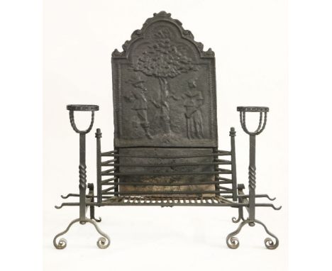 A 19th century dog grate, with decorative cast iron fire back and andirons (2)