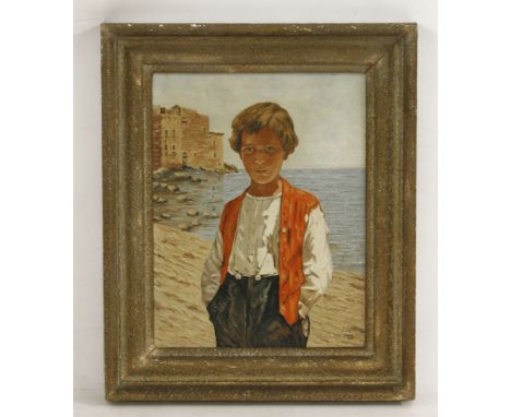 J C L Yssel (20th century)PORTRAIT OF A BOY, HALF LENGTH, ON A BEACHSigned l.r., oil on board39 x 30cm
