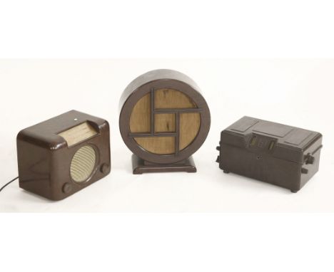 Two old brown bakelite radios, by Bush & Philips, and a circular speaker (3)