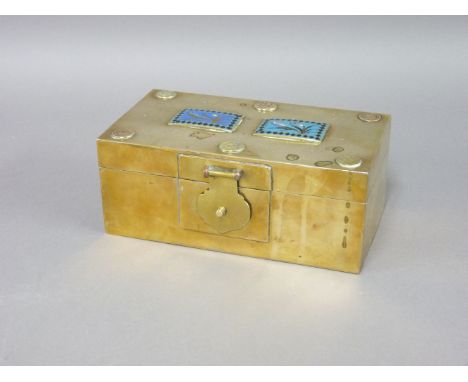 A Victorian brass table top cigarette box, with applied enamel panels, 23cm wide