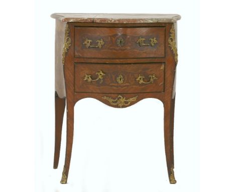 A 19th century French marquetry two drawer bombe commode, marble top cracked, 71cm wide