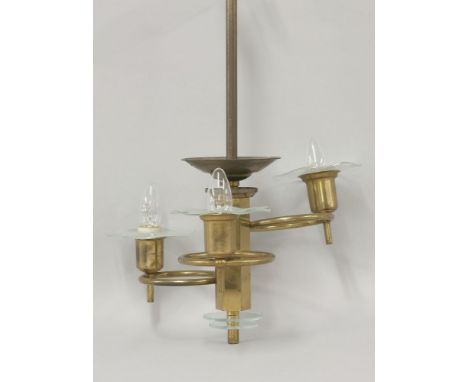 An Art Deco brass three-branch hanging light, with tapered rings with rippled etched(?) glass drip pans, 53cm high
