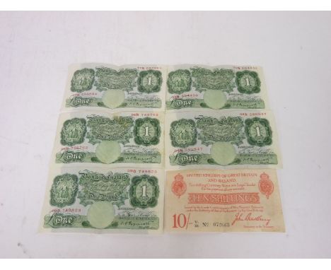 Treasury Series, John Bradbury, ten shillings, circa 1917, Prefix VI/38, No.072663, red on white paper, and five K O Peppiatt