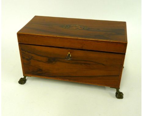 A 19th century olive wood (?) tea caddy, with inlaid thistle patera and two internal boxes, on brass claw feet, 30.5cm long x