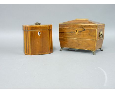 A Victorian rosewood tea caddy, of sarcophagus shape, and a single compartment caddy, with inlaid stringing and crossbanded d