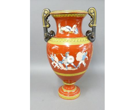 A Pratt ware 'Grecian' urn, by F & R Pratt & Co, Fenton, with a deep terracotta body with Grecian figures, with goosehead han