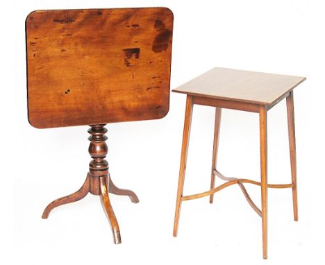 An early 19th century mahogany rectangular tilt top table, on tripod base, 73cm H and an Edwardian mahogany and satinwood ban