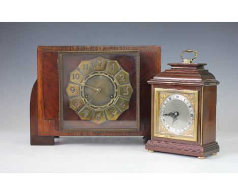 A walnut mantel time piece by Elliott of London, retailed by Garrard & Co, 19cm, with an Art Deco oak mantle clock with brass