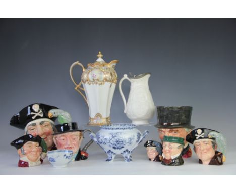 Royal Doulton character jugs; John Peel, Long John Silver D6335 (3 sizes), Mine Host, Pickwick and Beswick character jug alon