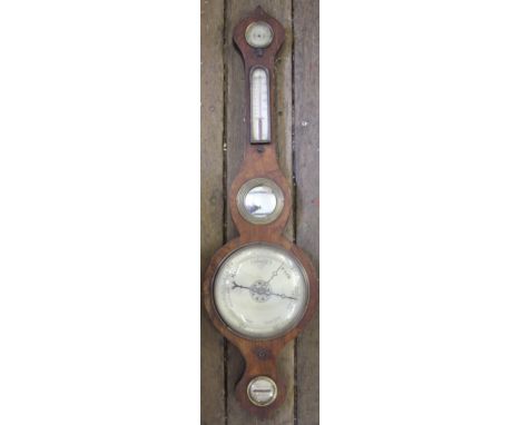 A 19th century mahogany wheel barometer, with a small wooden box and cover, with glass handle, (lacking an ogee foot)