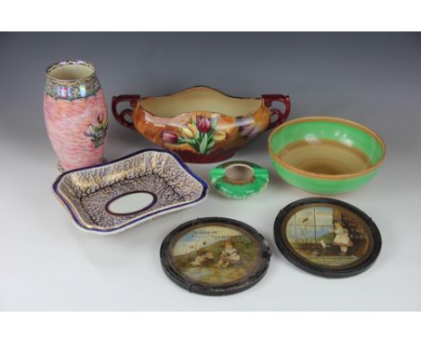 A Shelley china dragon bowl, and similar ash tray in green / brown glaze, a pair of 19th century painted pottery bird plaques