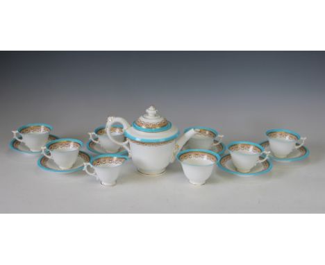 A Grainger Worcester fifteen piece tea service, with turquoise banding and gilt highlights (15) 