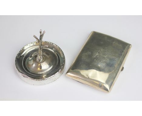 A silver cigarette case, Walker and Hall, Sheffield 1907, weight 4.7ozt and a silver ring tree Birmingham 1913, with integral