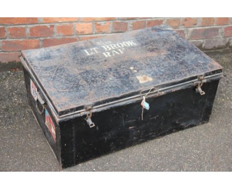 A vintage tin trunk, title for squadron leader L.T. Brook RAF, with attached travelling labels for Cunard Line '21 April 55' 