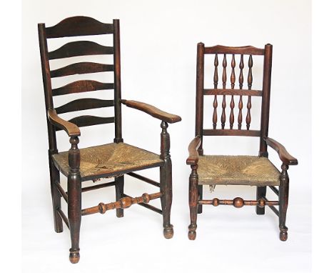 A 19th century ask and oak ladder back chair, with rush seat, and a smaller spindle back chair (2)