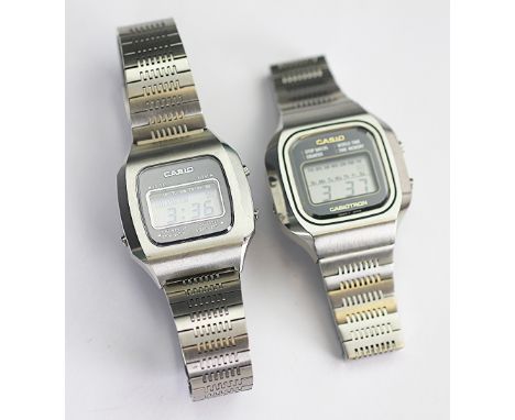 A Casio Casiotron digital wristwatch, S-14 X-1S in stainless steel, numbered 64108, with attached Casio strap and another Cas