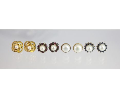 A collection of assorted earrings, to include; a pair of 18ct yellow gold and untested pearl set stud earrings, weight 6gms, 