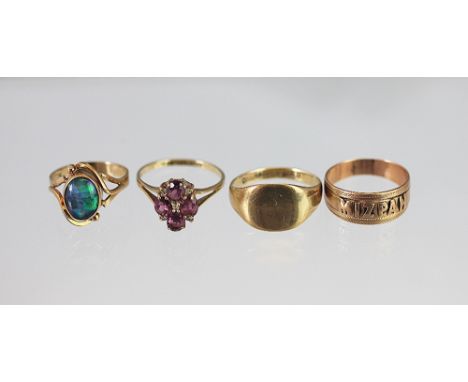 A collection of four 9ct gold rings, to include; a tourmaline set dress ring, an opal triplet set ring, a signet ring and a M