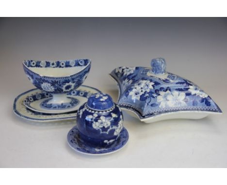 A selection of 19th century blue and white ceramics, to include; a two handled dish with Wild Rose border, 38.5cm wide, a Rog