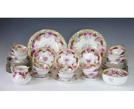 A Noritake tea service, early 20th century, each piece enamelled with pink roses within claret and gilt borders, comprising; 