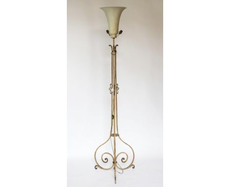 A vintage painted iron three light standard lamp, with metal shade and scroll base, 179cm high