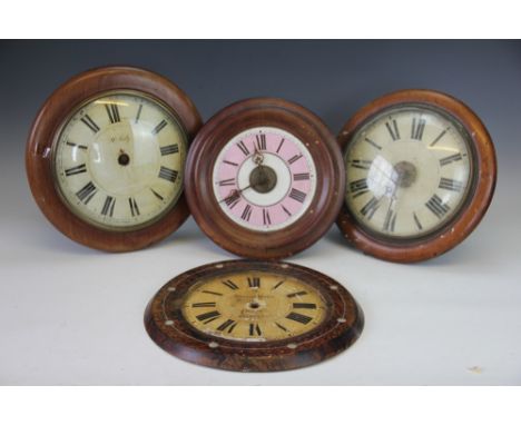A late 19th century Postman's clock, with pink and white enamel dial, 28cm diam, with two other Postman's clocks (as found)