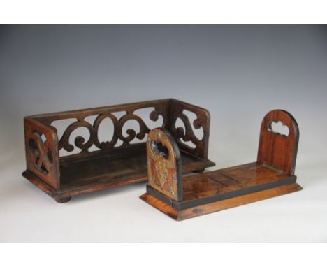 A Victorian carved oak book shelf, with carved scroll detail, 41.5cm wide and a Victorian Gothic revival extending book slide