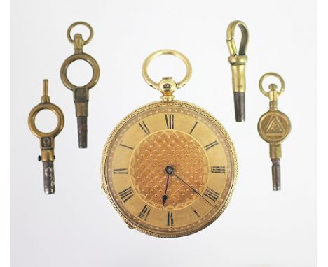 A lady's 18k fob watch, 19th century, the gilt dial with black Arabic numerals and engine turned detail, the inner cover stam