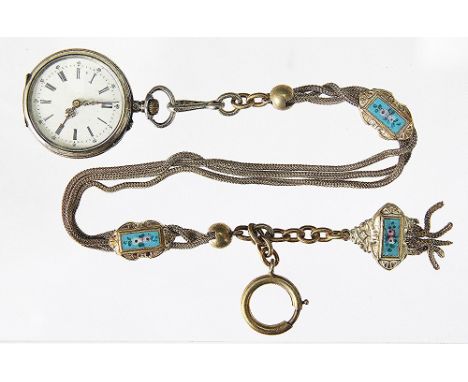 A lady's Continental fob watch, the white enamel dial with black Roman numerals and decorative hands, attached decorative Alb